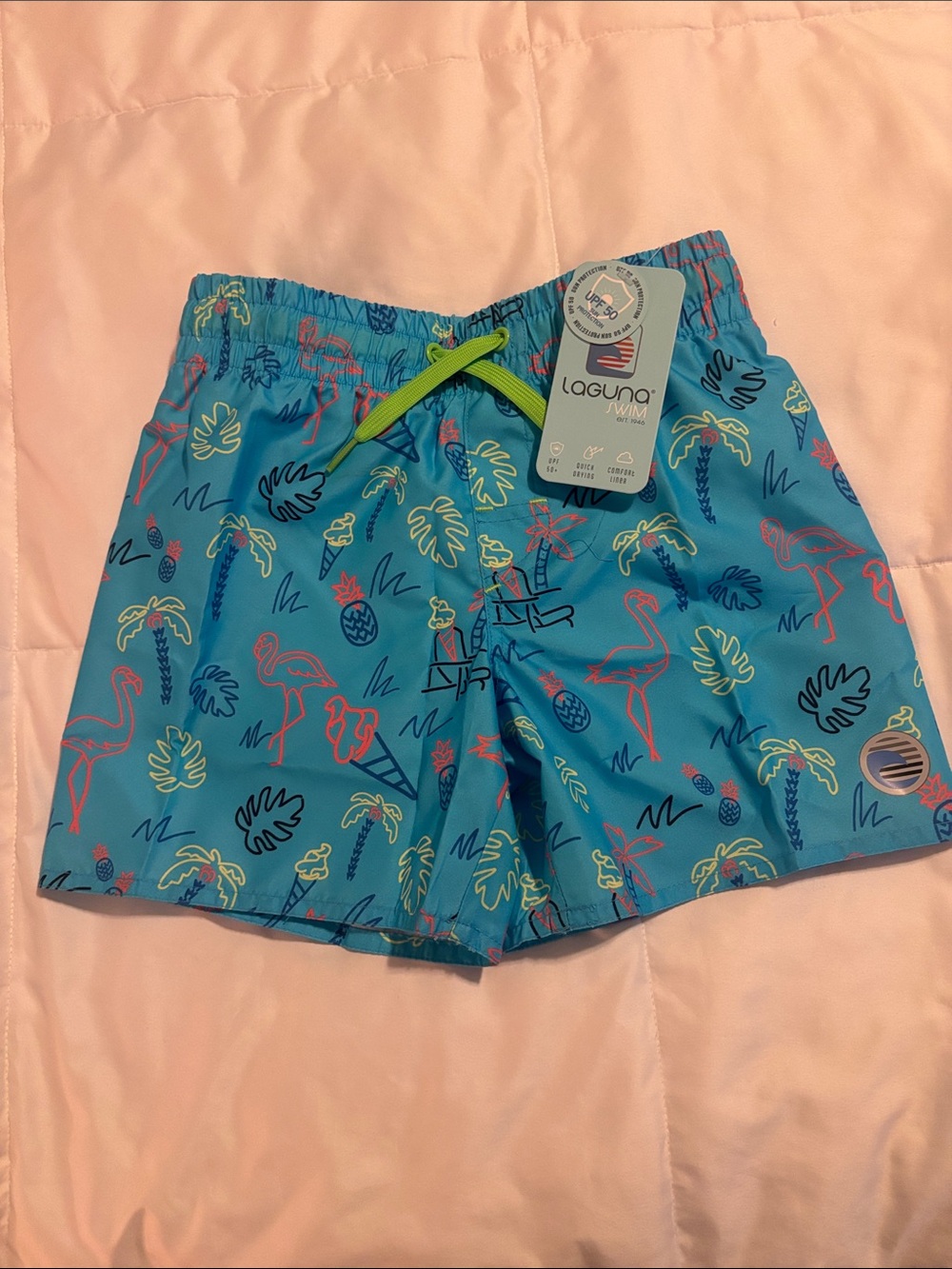 Laguna Kids Turquoise Flamingo Swim Trunks with Lime Drawstring